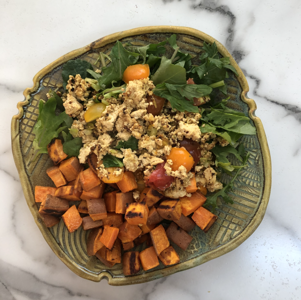 easy tofu scramble with yams and kale